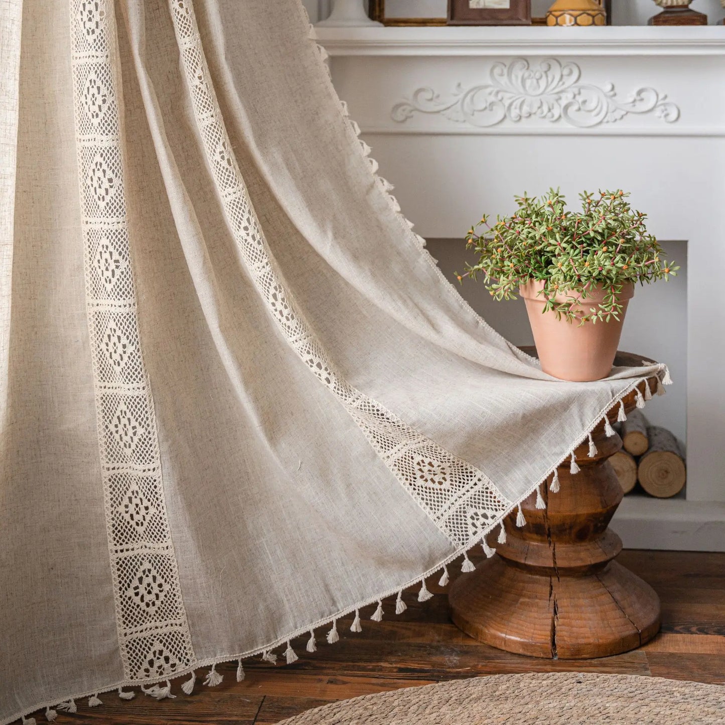 Linen Blending Jute Lace Curtains Road Pocket Shade Curtain Tassel for Kitchen Bedroom Living Room Bay Window Cabinet Curtain