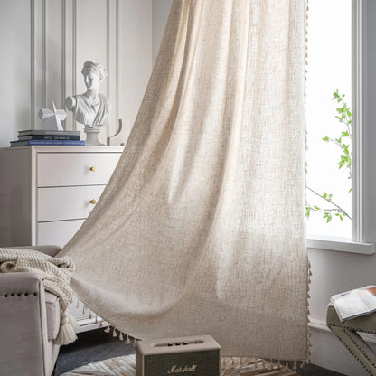 Linen Blending Jute Lace Curtains Road Pocket Shade Curtain Tassel for Kitchen Bedroom Living Room Bay Window Cabinet Curtain