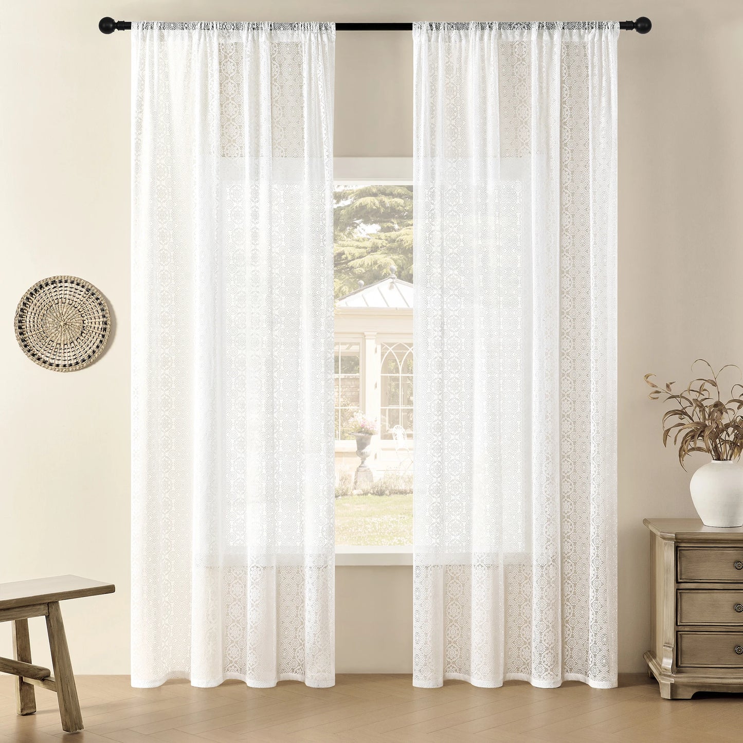 Vintage Sun Floral Embroidery Clear Lace Curtain Panel - Privacy & Light Filtering, Machine Washable, Perfect for Living Balcony