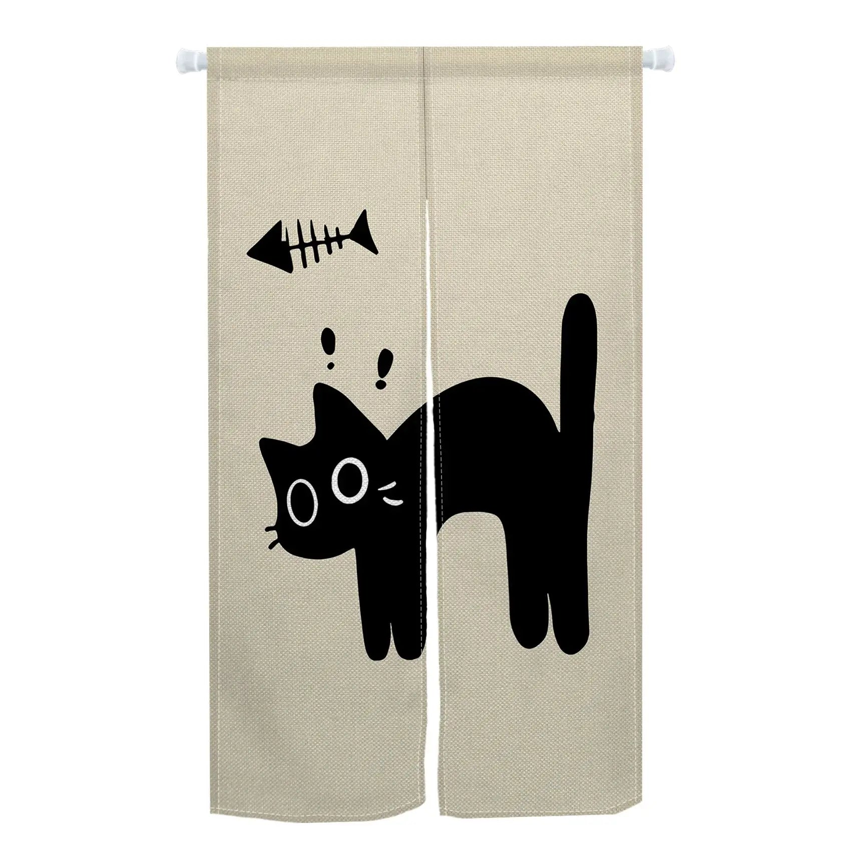 VIKAMA Japanese-Style Cute Cat Door Curtain - Half-Length Light-Blocking Curtain Ideal for Sake Bars and Restaurants