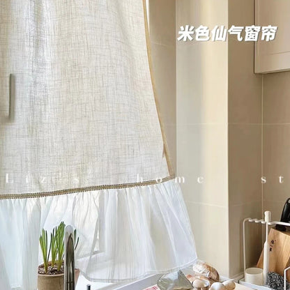 Linen Blending Jute Lace Curtains Road Pocket Shade Curtain Tassel for Kitchen Bedroom Living Room Bay Window Cabinet Curtain