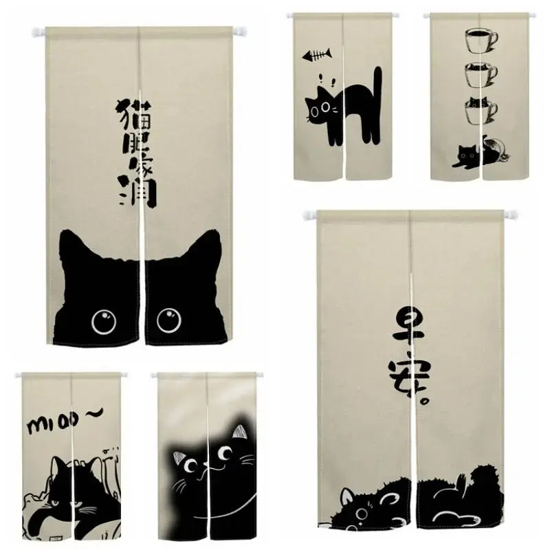 VIKAMA Japanese-Style Cute Cat Door Curtain - Half-Length Light-Blocking Curtain Ideal for Sake Bars and Restaurants