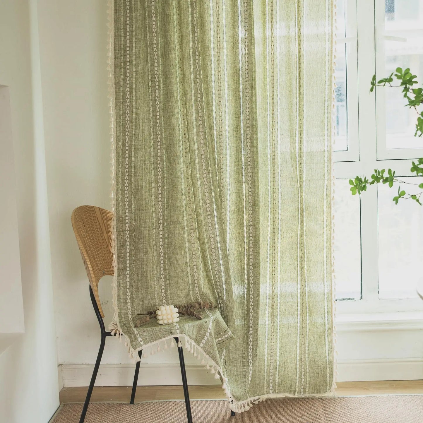 Boho Curtain for Bedroom Dining Room Kitchen, Bohemian Chic Textured Embroidery, Vintage Handmade Tassels Decor Drape, 1 Panel