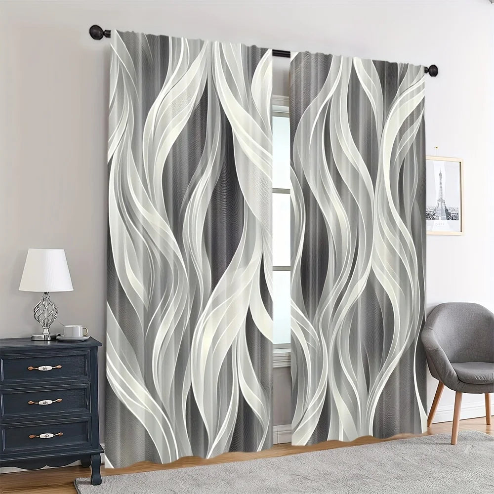 2Pcs Modern Dark Gray Light-Filtering Curtains with Artistic Wave Pattern – for Living Room & Various Rooms Decor