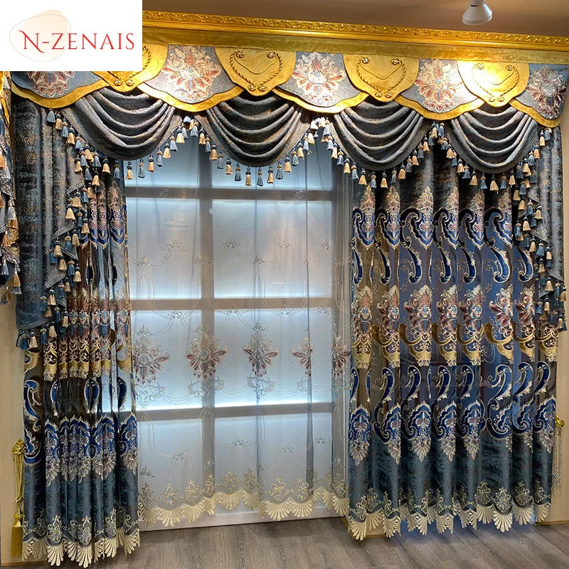 European Luxury Blue Curtains for Living Room Bedroom Embroidered Hollow Valance Tulle Chenille Custom Decoration Window Kitchen