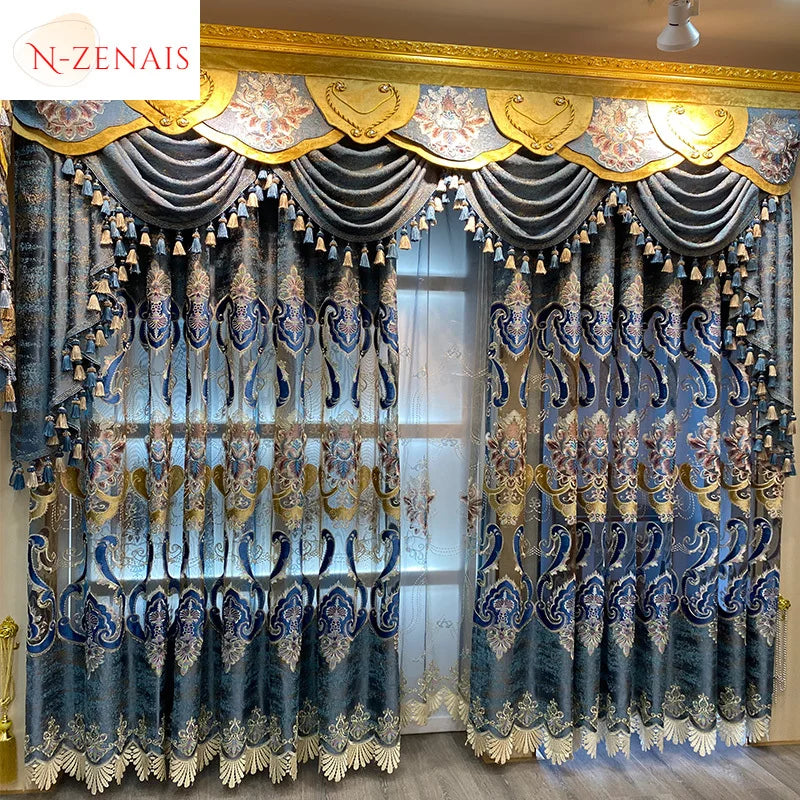 European Luxury Blue Curtains for Living Room Bedroom Embroidered Hollow Valance Tulle Chenille Custom Decoration Window Kitchen
