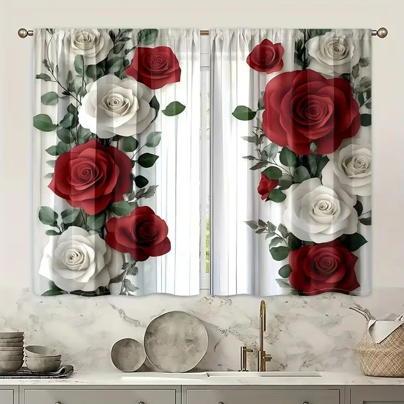 2PC Valentine'S Red & White Rose Curtains 3D Floral Print Light Filtering Sheer Drapes Romantic Window Curtains for Bedroom