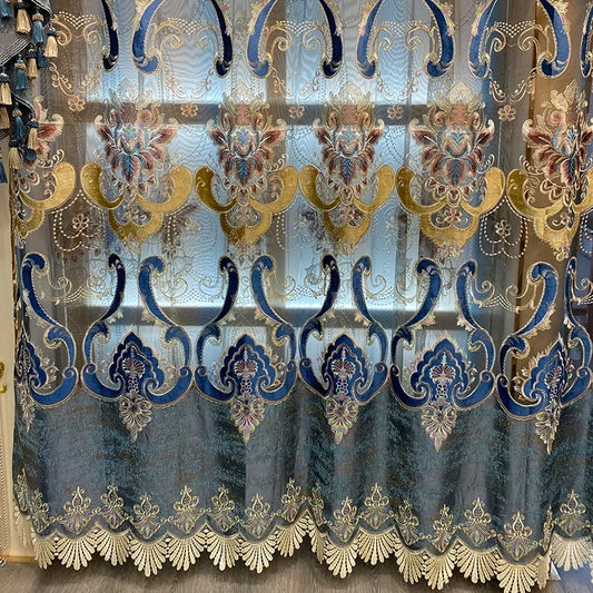European Luxury Blue Curtains for Living Room Bedroom Embroidered Hollow Valance Tulle Chenille Custom Decoration Window Kitchen