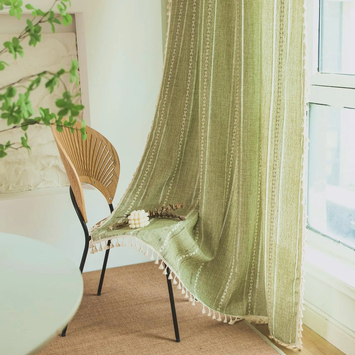 Boho Curtain for Bedroom Dining Room Kitchen, Bohemian Chic Textured Embroidery, Vintage Handmade Tassels Decor Drape, 1 Panel