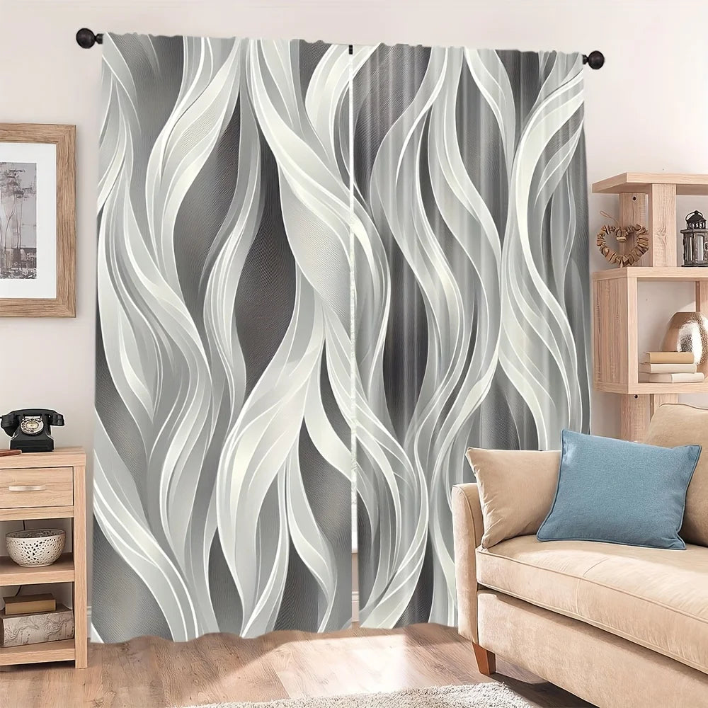 2Pcs Modern Dark Gray Light-Filtering Curtains with Artistic Wave Pattern – for Living Room & Various Rooms Decor