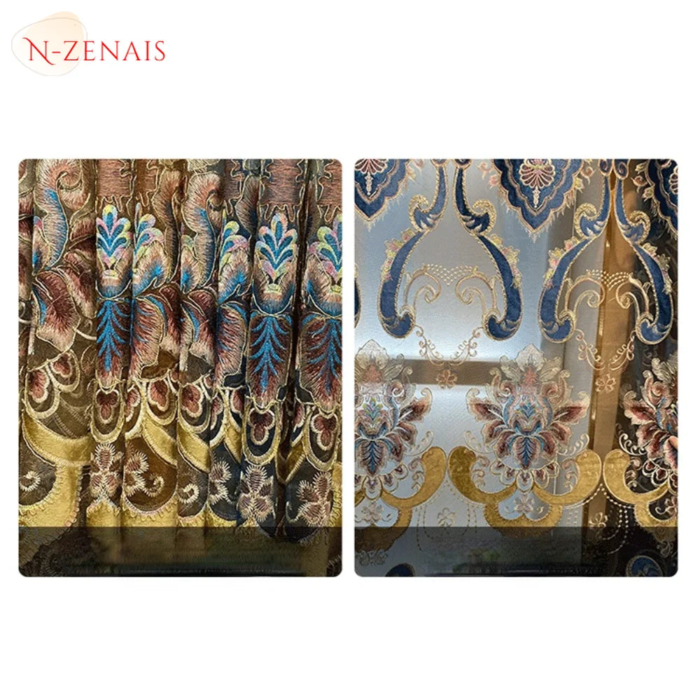 European Luxury Blue Curtains for Living Room Bedroom Embroidered Hollow Valance Tulle Chenille Custom Decoration Window Kitchen