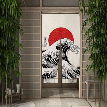 VIKAMA Washable Japanese-Style Door Curtain - Mount Fuji Cherry Blossom Wave Pattern Dining Room Kitchen Half-Curtain Home Decor