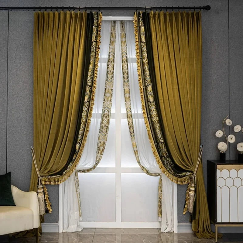 High-End American-European Style Velvet Lace Curtain Golden Embroidery Luxury Villa Living Room Bedroom Décor Customizable