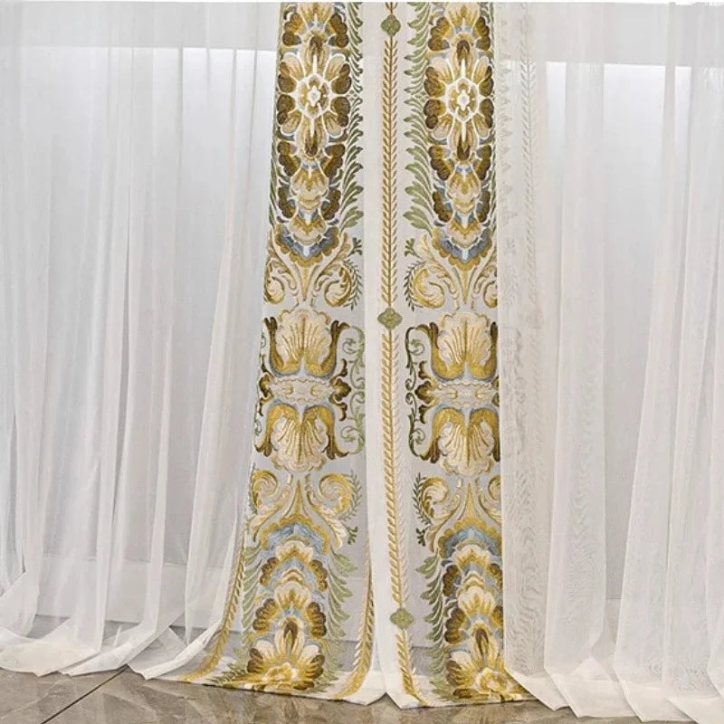 High-End American-European Style Velvet Lace Curtain Golden Embroidery Luxury Villa Living Room Bedroom Décor Customizable