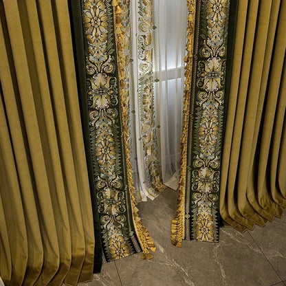 High-End American-European Style Velvet Lace Curtain Golden Embroidery Luxury Villa Living Room Bedroom Décor Customizable