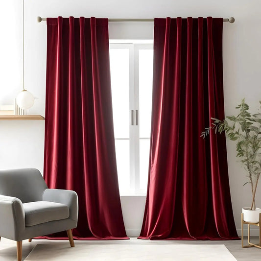 1Pc Burgundy Red Velvet Curtains 84 Inches Long Luxury Room Darkening for Bedroom Living Room Christmas Rod Pocket Drapes