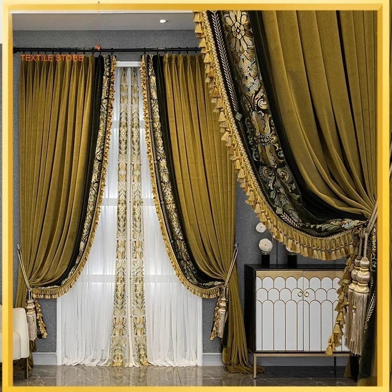 High-End American-European Style Velvet Lace Curtain Golden Embroidery Luxury Villa Living Room Bedroom Décor Customizable