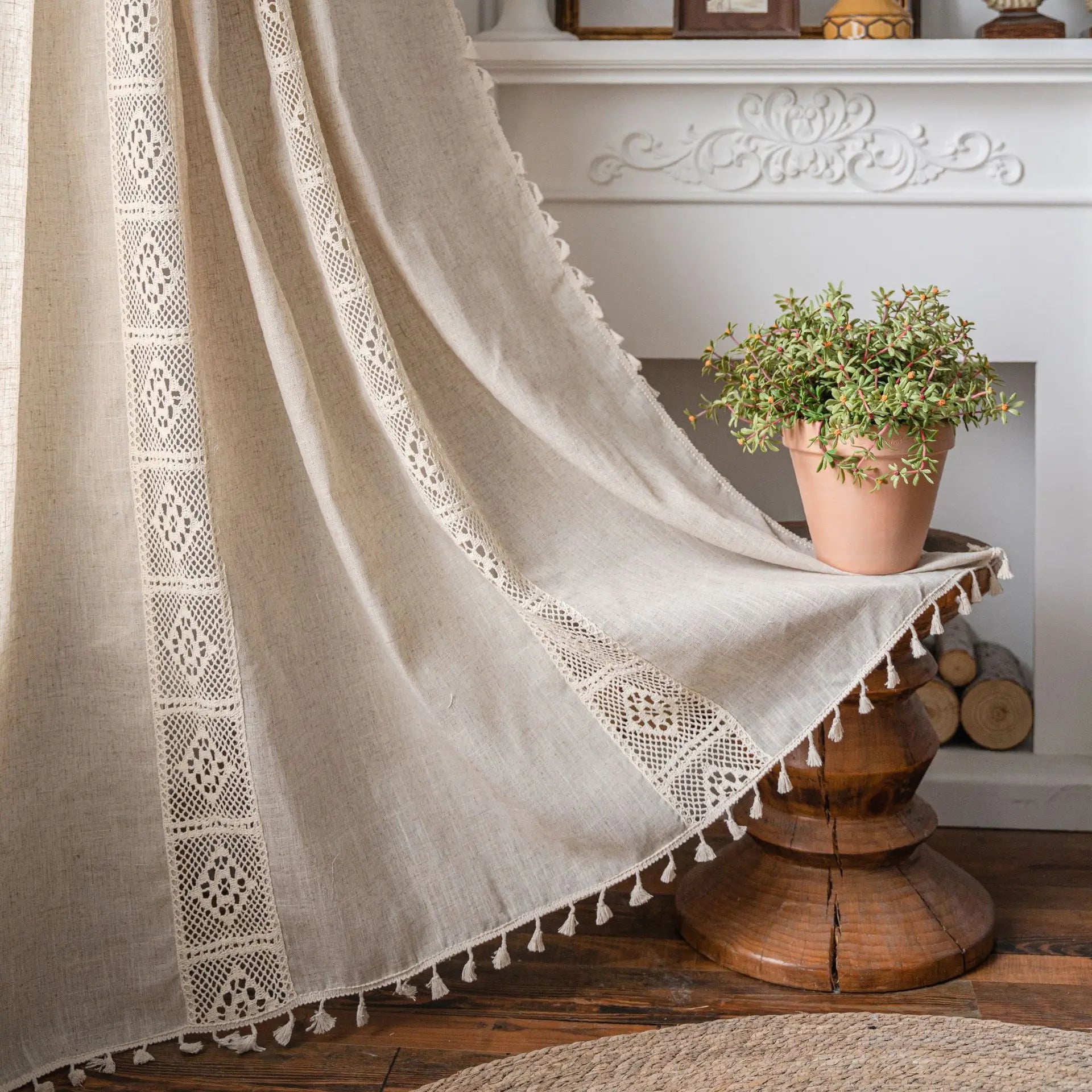 Linen Blending Jute Lace Curtains Road Pocket Shade Curtain Tassel for Kitchen Bedroom Living Room Bay Window Cabinet Curtain
