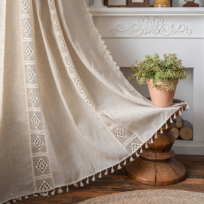 Linen Blending Jute Lace Curtains Road Pocket Shade Curtain Tassel for Kitchen Bedroom Living Room Bay Window Cabinet Curtain