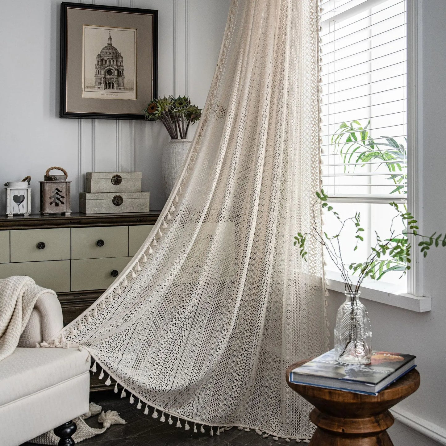 Marielle Geometric Lace Tassel Sheer