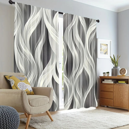 2Pcs Modern Dark Gray Light-Filtering Curtains with Artistic Wave Pattern – for Living Room & Various Rooms Decor