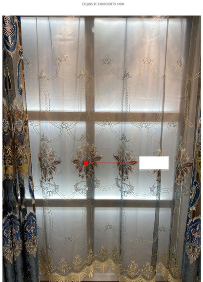 European Luxury Blue Curtains for Living Room Bedroom Embroidered Hollow Valance Tulle Chenille Custom Decoration Window Kitchen