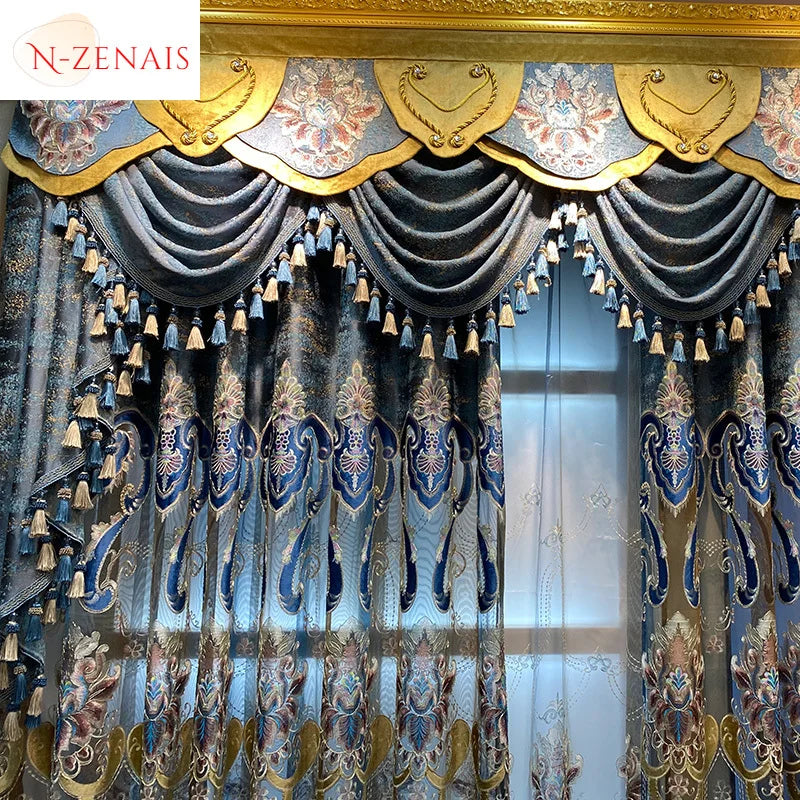 European Luxury Blue Curtains for Living Room Bedroom Embroidered Hollow Valance Tulle Chenille Custom Decoration Window Kitchen