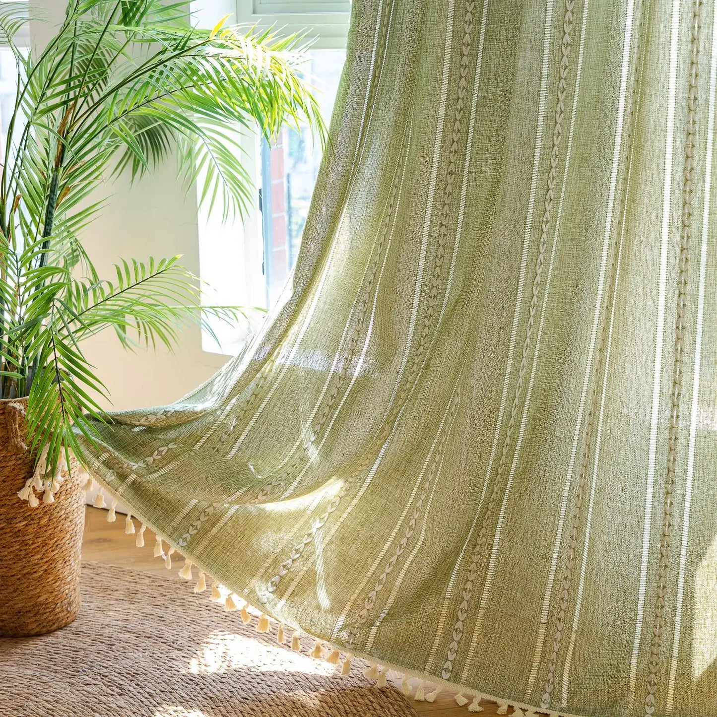 Boho Curtain for Bedroom Dining Room Kitchen, Bohemian Chic Textured Embroidery, Vintage Handmade Tassels Decor Drape, 1 Panel