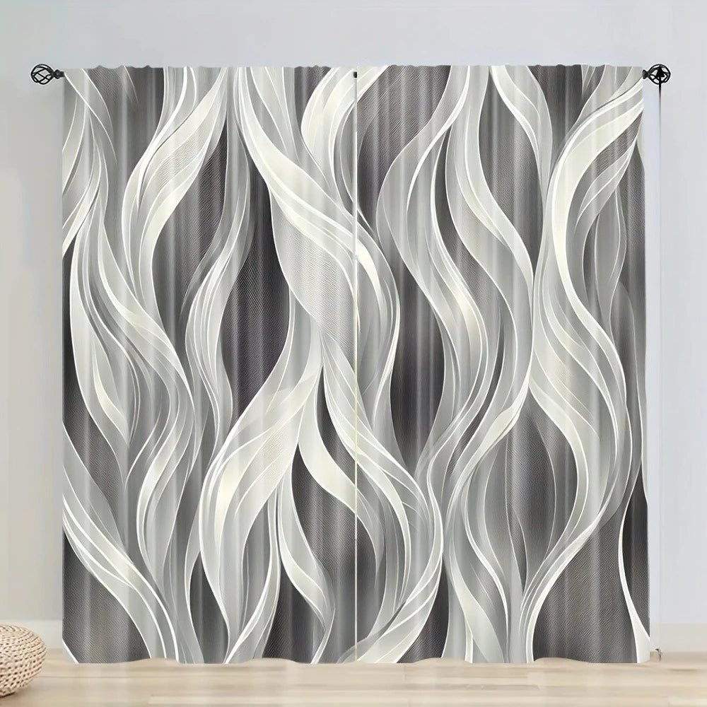 2Pcs Modern Dark Gray Light-Filtering Curtains with Artistic Wave Pattern – for Living Room & Various Rooms Decor