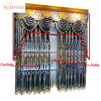European Luxury Blue Curtains for Living Room Bedroom Embroidered Hollow Valance Tulle Chenille Custom Decoration Window Kitchen