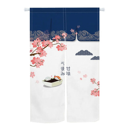VIKAMA Washable Japanese-Style Door Curtain - Mount Fuji Cherry Blossom Wave Pattern Dining Room Kitchen Half-Curtain Home Decor