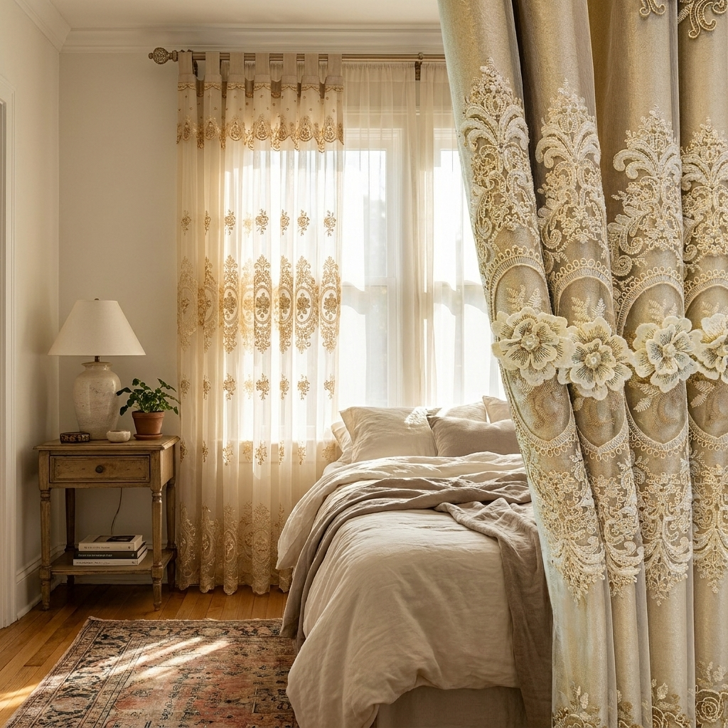 Embroidered Floral Loop Top Curtains